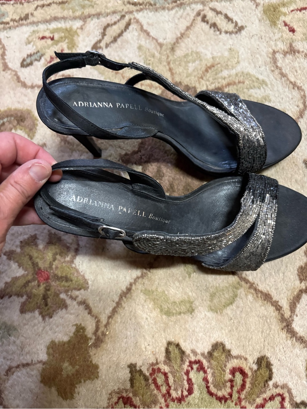 Papell Boutique Black and Silver Beaded Slingback Heels